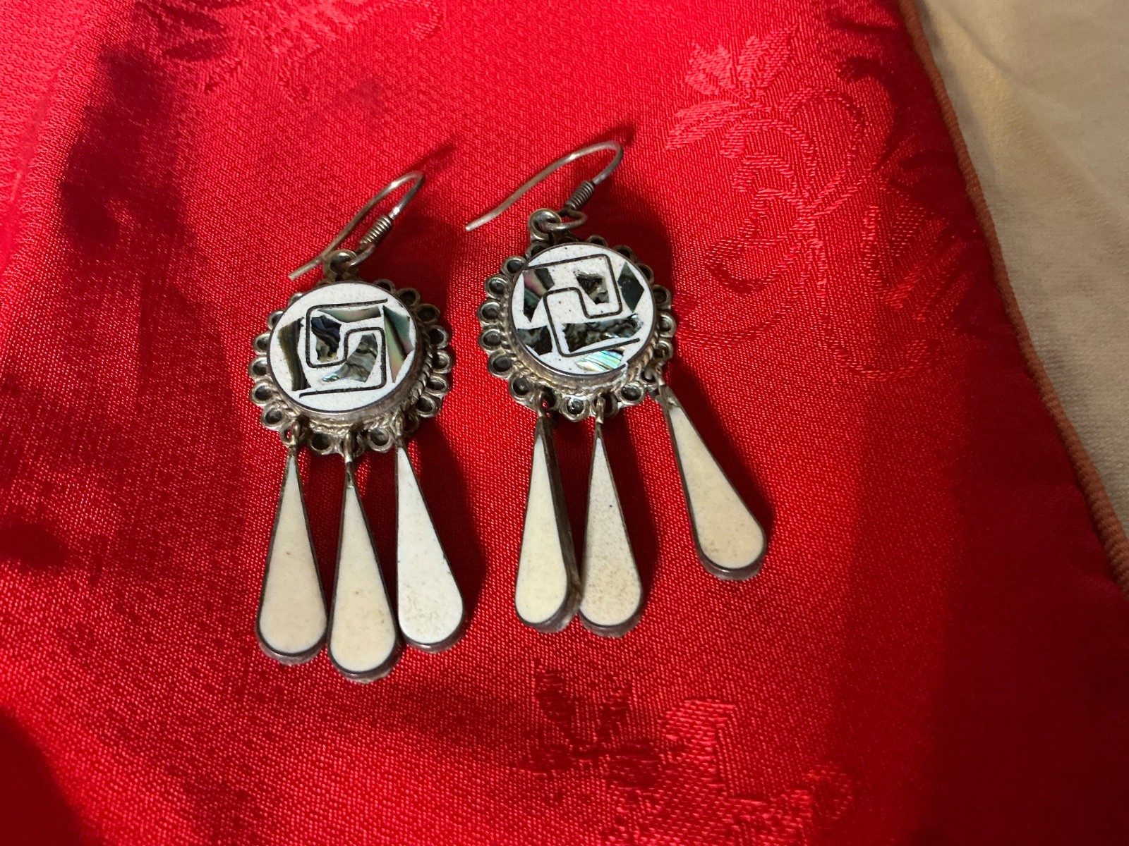 Handcrafted Inlaid Mother of Pearl & Sterling Silver Dangle Earrings