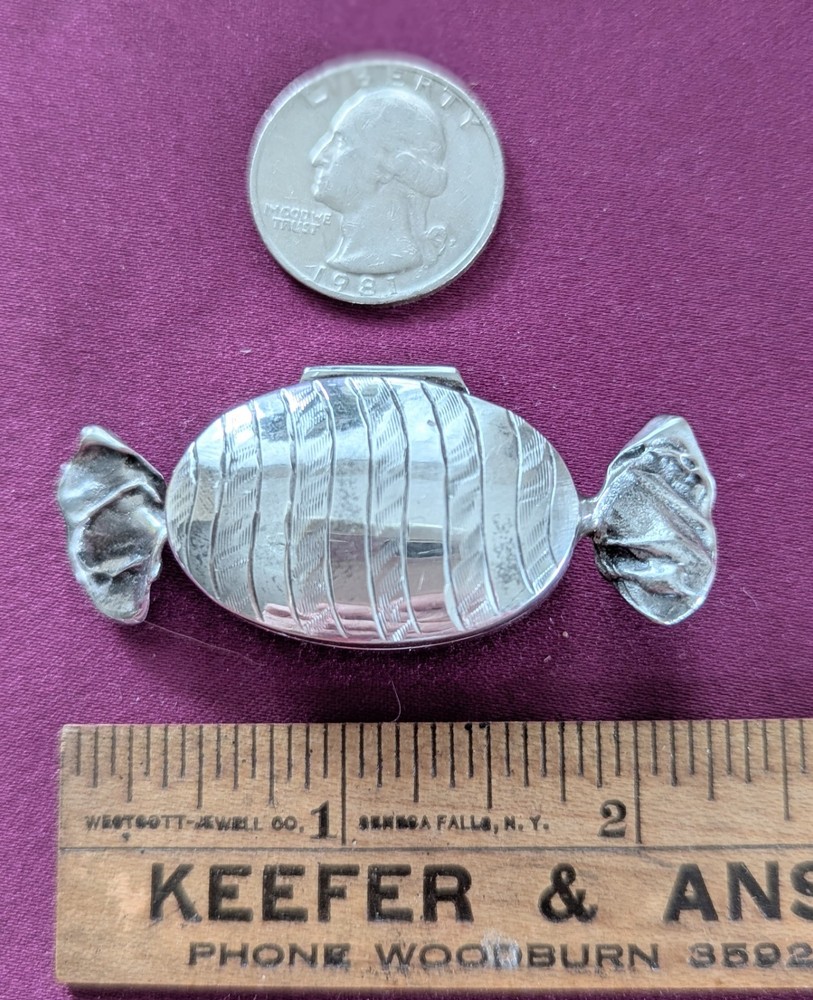Sterling Silver 925 Stripped Candy Wrapper Hinged Storage Pill Ring Box