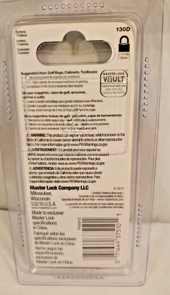 NIB 4-PACK Master Lock1 3/16" Brass Padlock 130D
