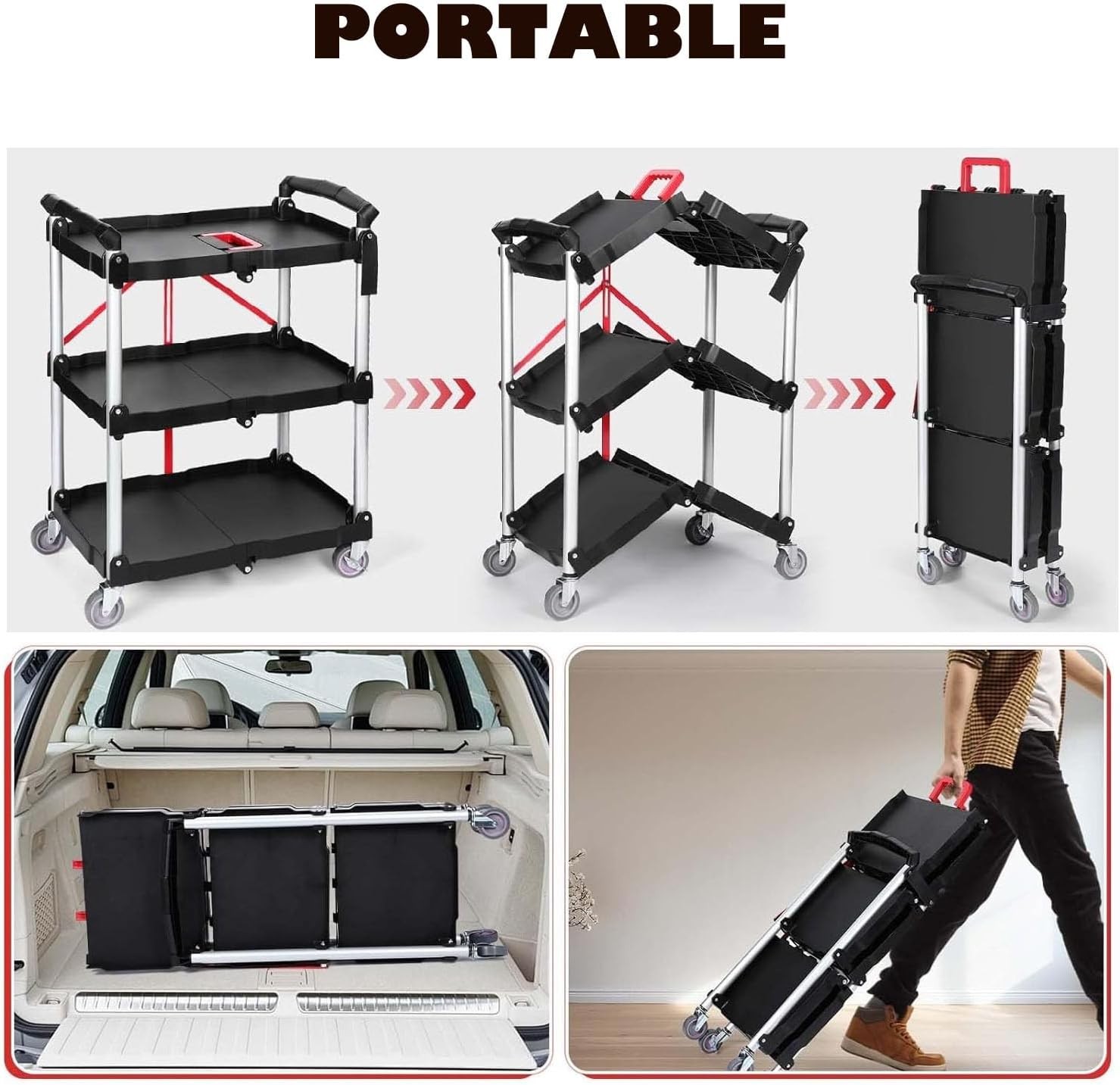 Portable Folding Service Cart 3 Tier Utility Trolley w/ 360 Swivel Wheels