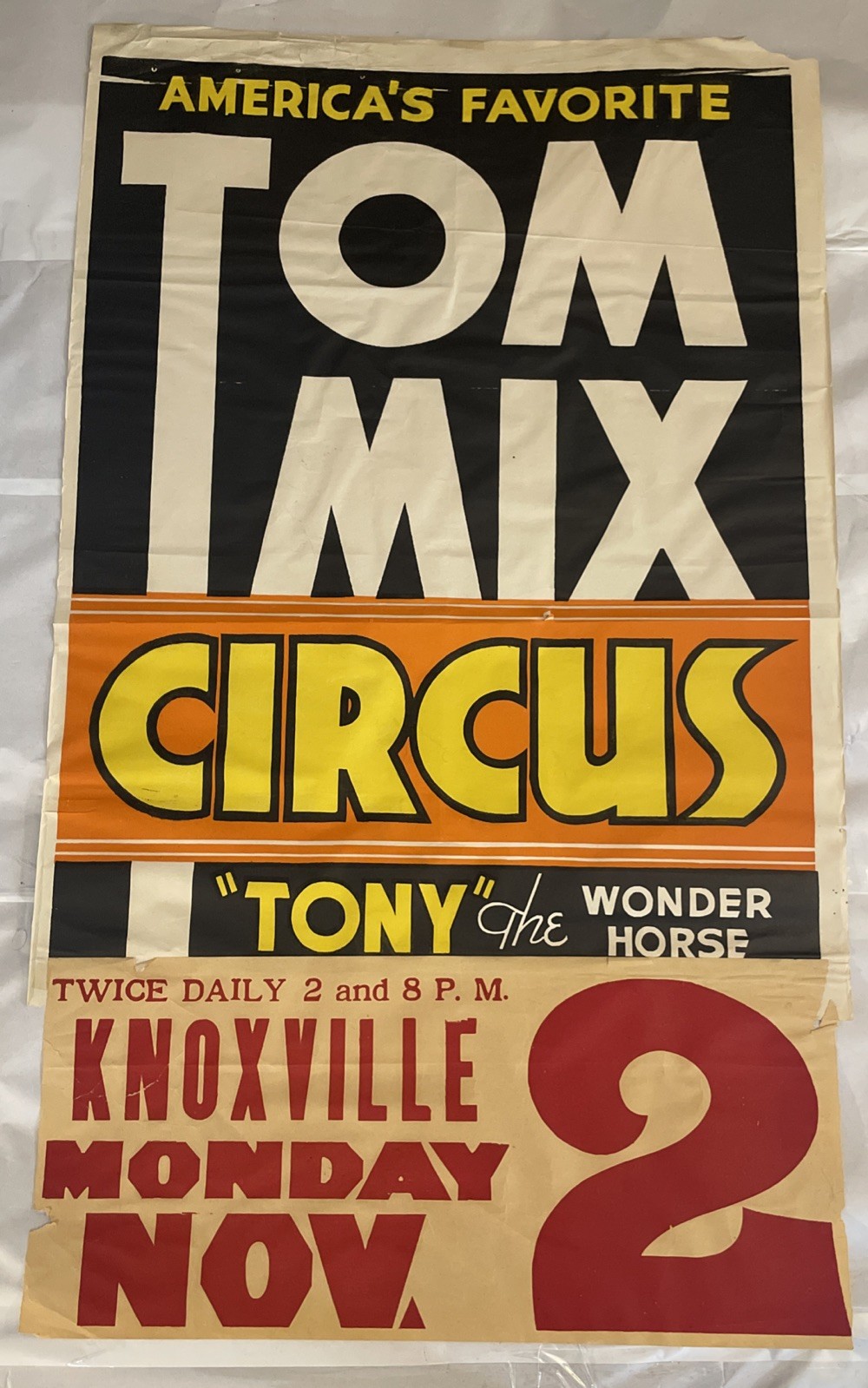 Vintage 35.5x21 Inch Tom Mix Circus Poster “Tony” The Wonder Horse Knoxville Ten