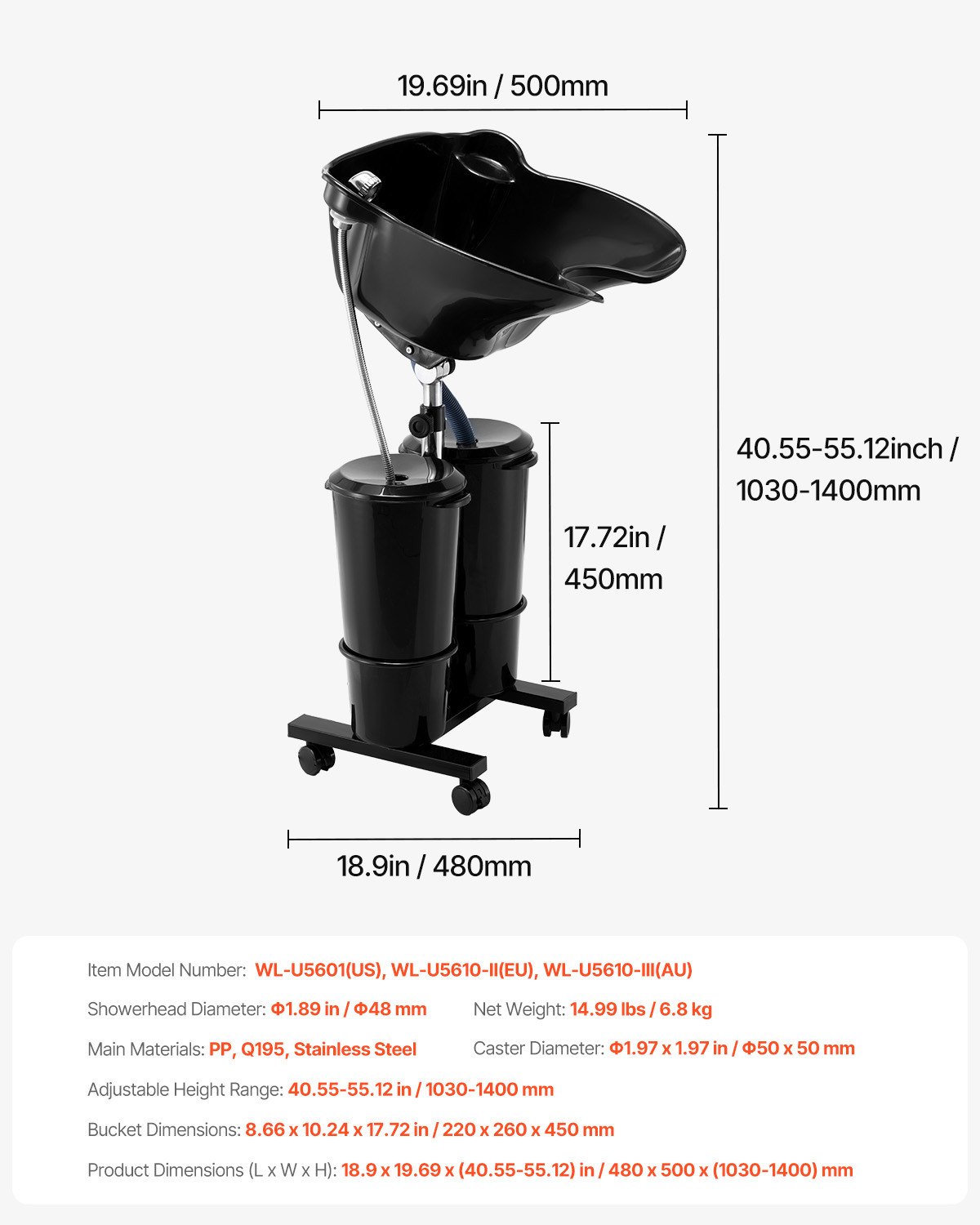 VEVO Portable Shampoo Bowl w/Drain Hose 2 Buckets Adjustable Height Salon Sink