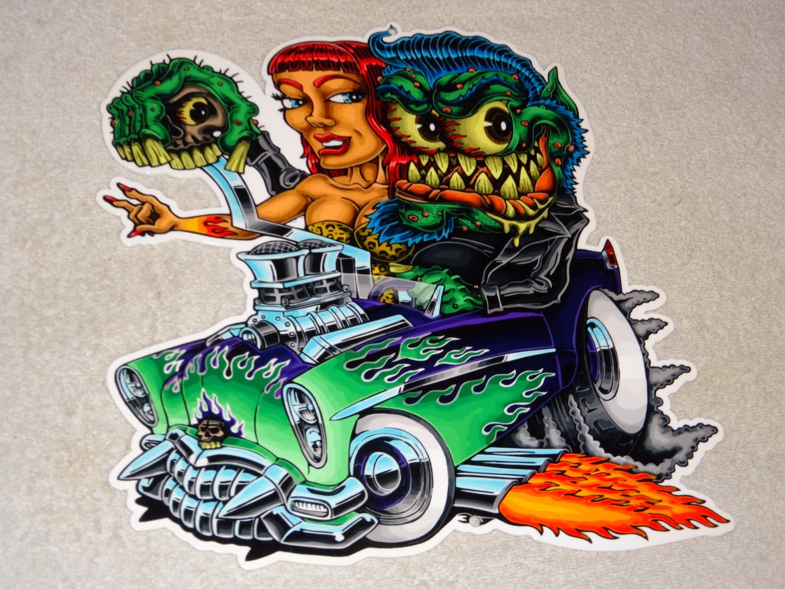 VINTAGE RATFINK DRIVES CAR W/ WOMAN MONSTER 12" METAL GASOLINE OIL RAT FINK SIGN