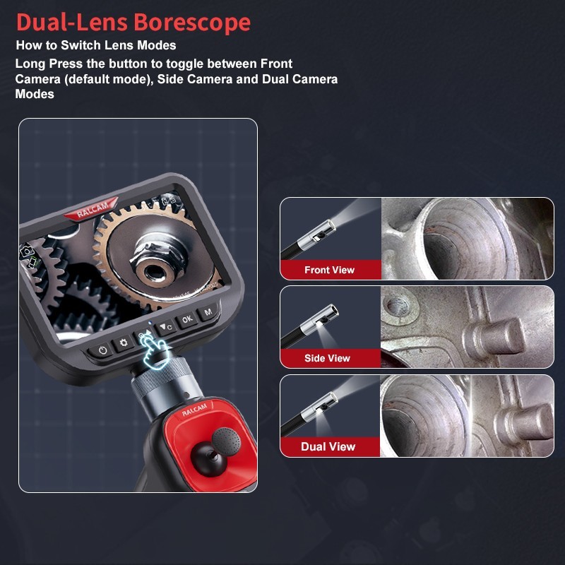 Ralcam 360° Dual Lens Borescope 5" Joystick 4 Ways Endoscope Inspection Camera
