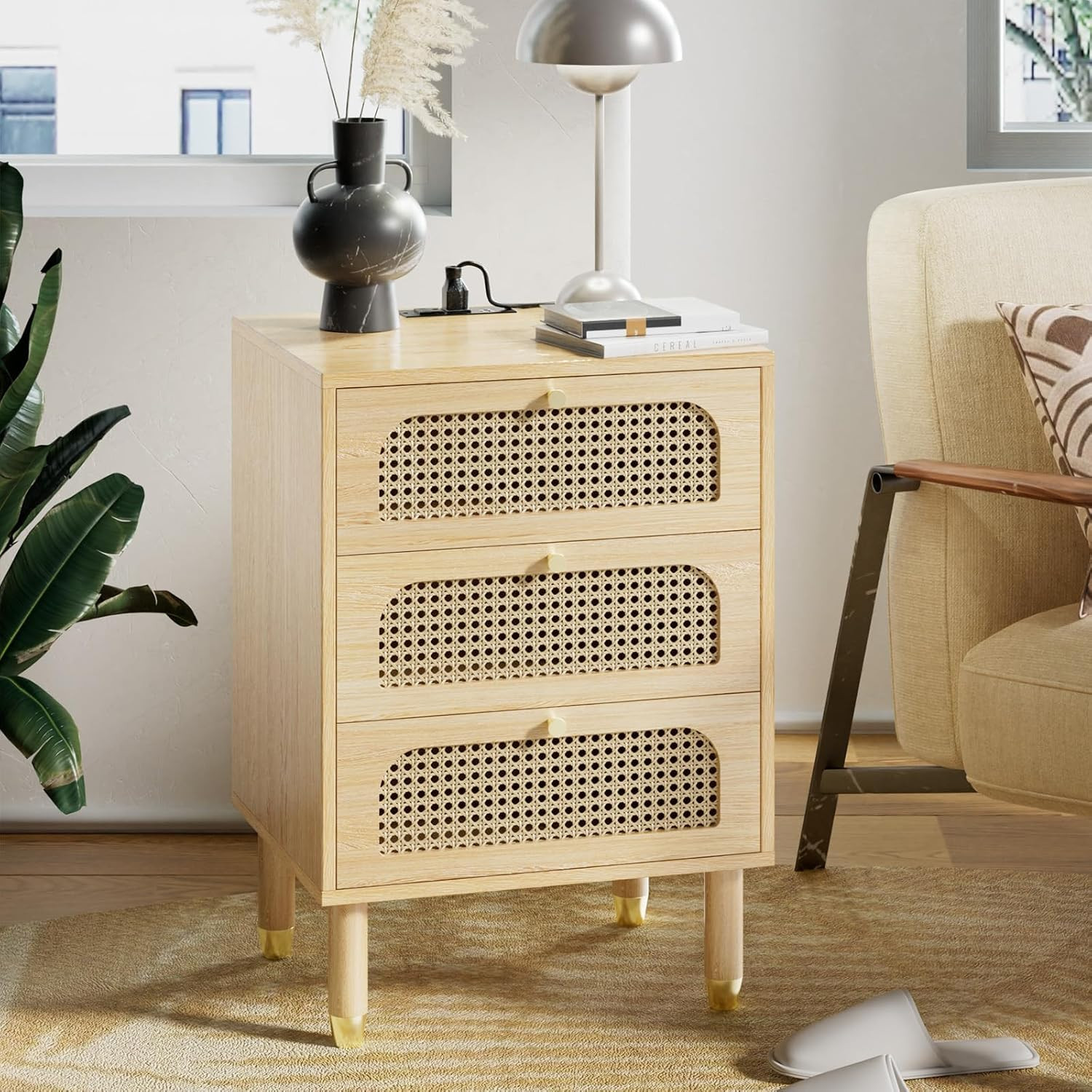 Rattan Nightstand with Charging Station 19" W Nightstand with 3 Drawers