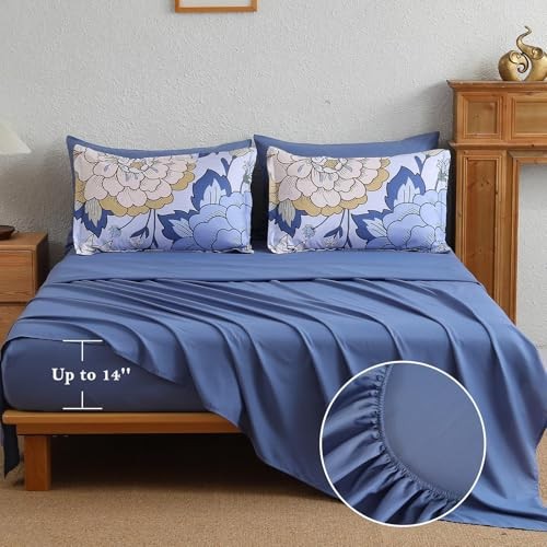 7 Pieces Floral Comforter Set Queen Size Botanical Bed in a Bag, King Blue