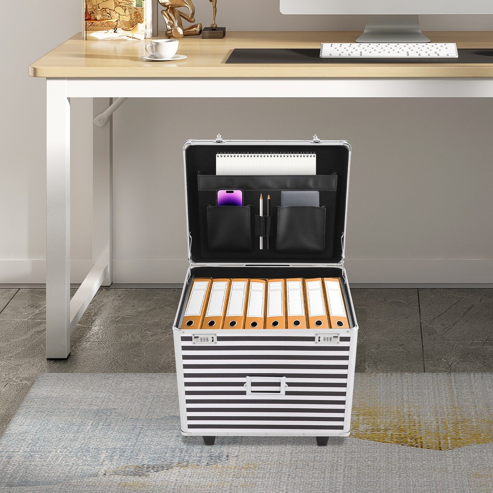 Striped style Rolling File Storage Case, Lockable File Box with Telescopic Pole