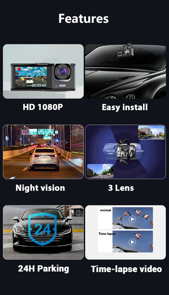 Car Dash Cam 3 Lens 2in Video Recorder Loop DVR Recording Night Vision G-sensor