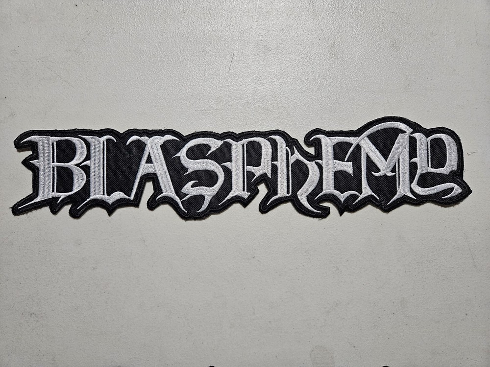 BLASPHEMY,SEW ON WHITE EMBROIDERED LARGE BACK PATCH