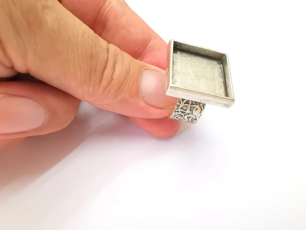 Square Antique Silver Ring Blank Settings, Cabochon Mounting Adjustable Resin