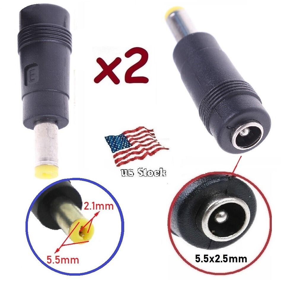 2-Pack DC Power 5.5x2.1mm Male Plug to 5.5x2.5mm Female Jack Adapter Connectors