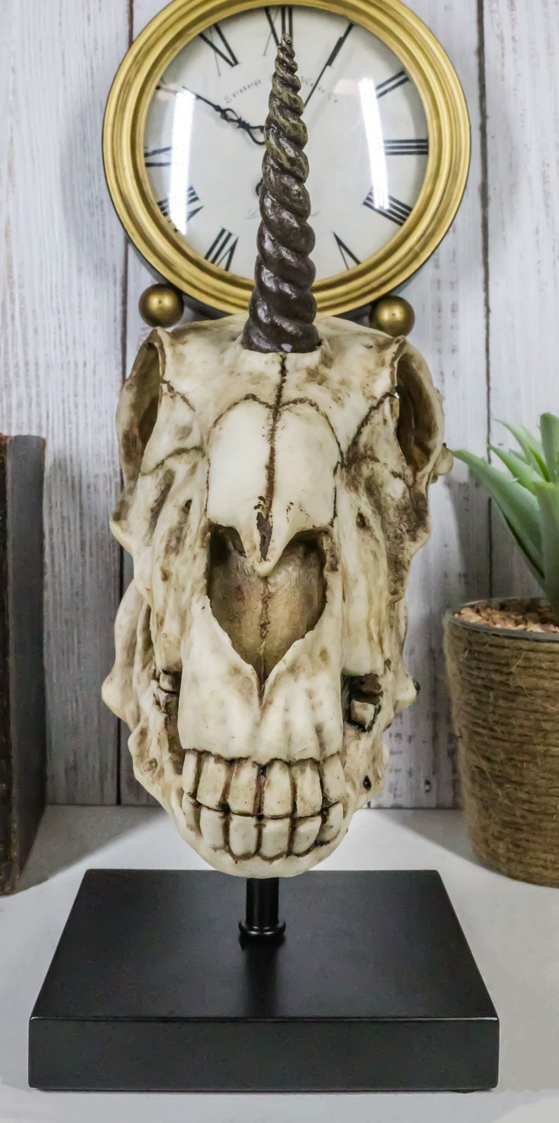 Rare Fossil Unicorn Skull With Sacred Horn Skull Figurine On Museum Pole Mount