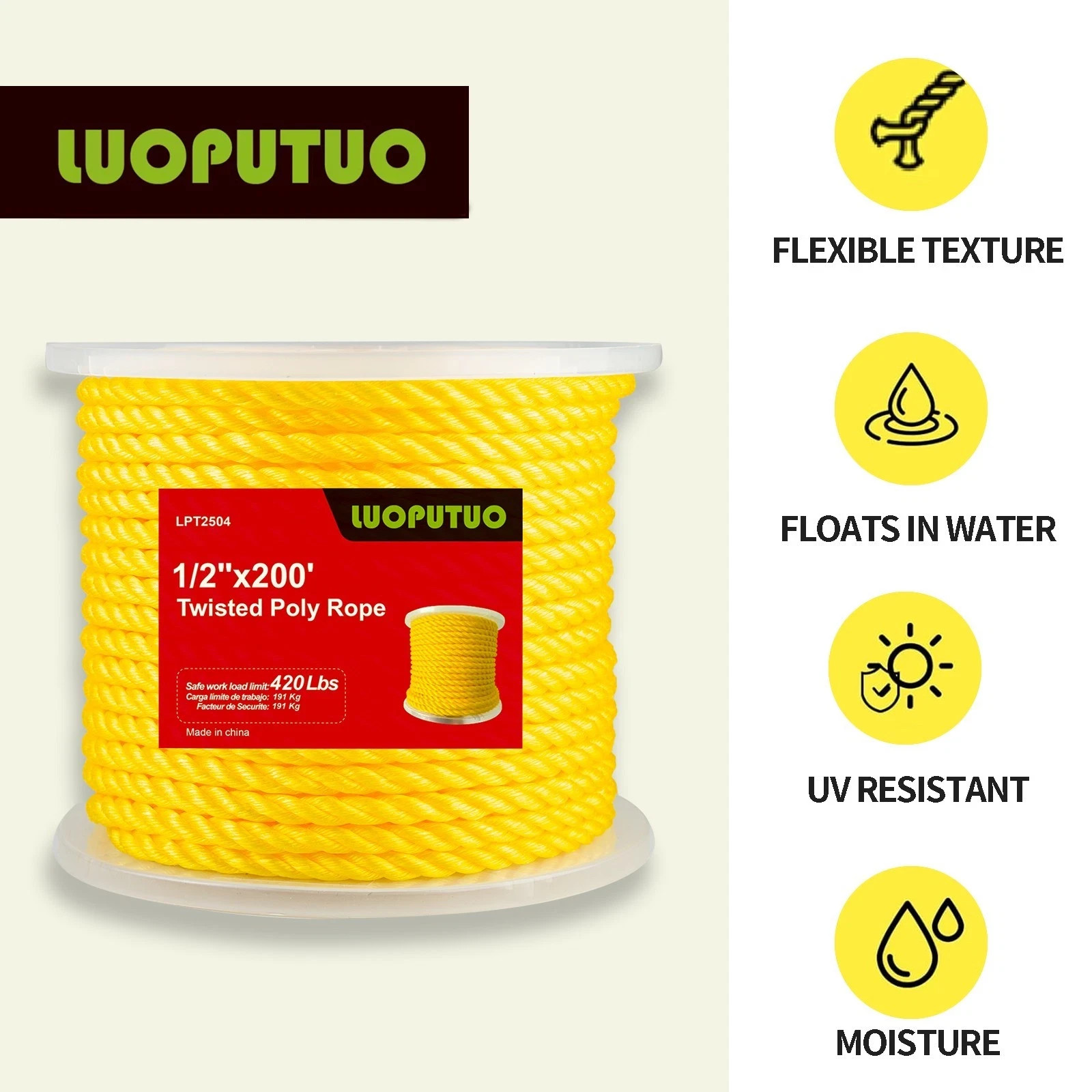 1/2 200'' Floatable 3-Strand Yellow Twisted Polypropylene Rope
