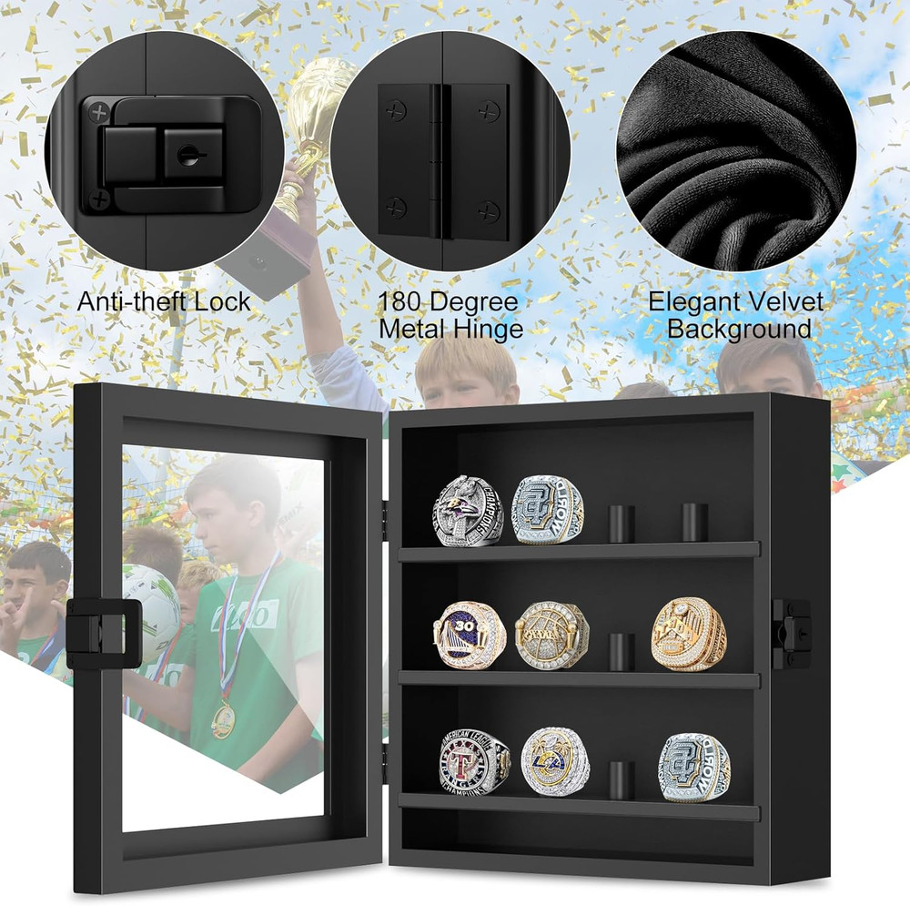 Championship Ring Display Case, 12 Ring Posts Baseball Ring Holder, Wall Mount W