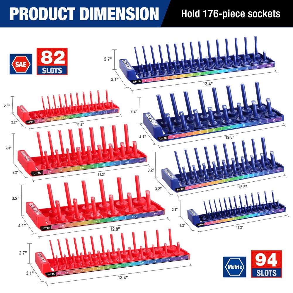 WORKPRO Socket Organizer Set 1/4", 3/8", 1/2" Drive Metric & SAE Socket Trays