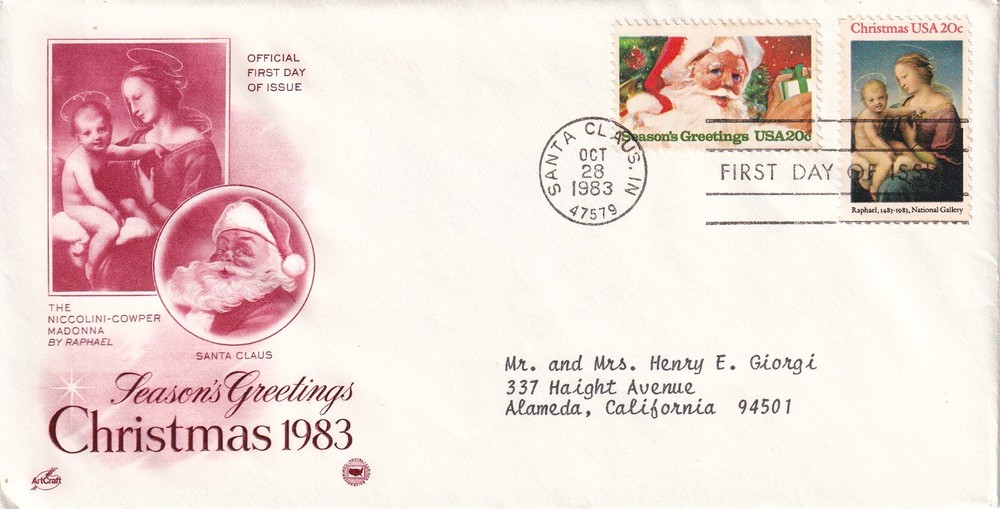STAMP US SCOTT 2063, 2064 "Christmas 1983" 20 CENT 1983 FDC - F