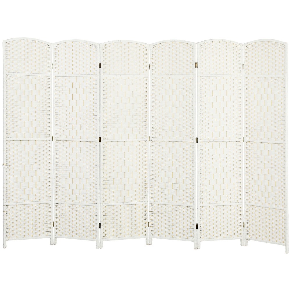6 Panel Room Divider Hand-Woven Freestanding Partition, White