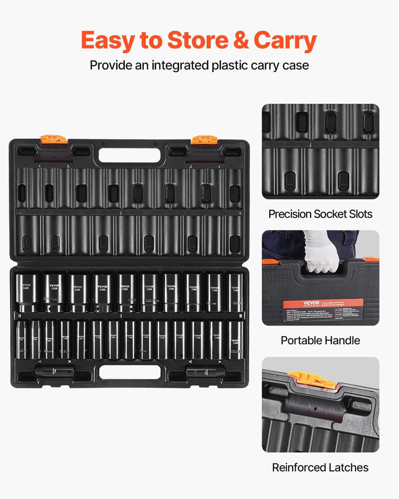 Impact Socket Set 1/2 Inches 26 Piece Deep Sockets, 6-Point, Rugged Construction