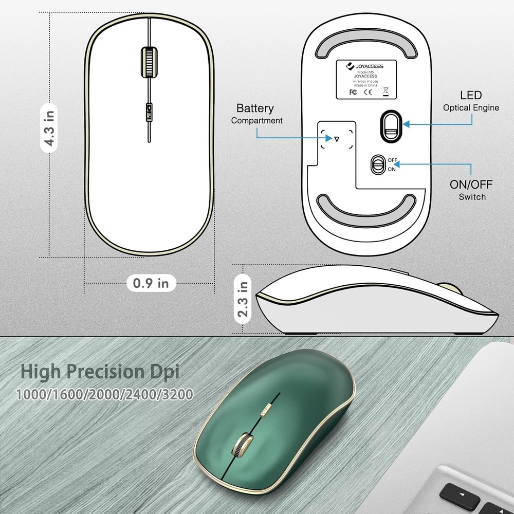 JOYACCESS 2.4G Slim Wireless Silent Mouse, Portable Computer Green
