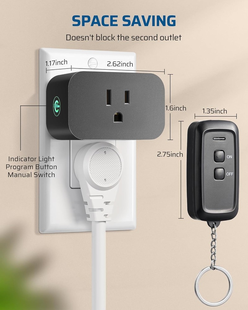 15A Indoor Remote Control Outlet with Wireless Switch and 100ft RF Range