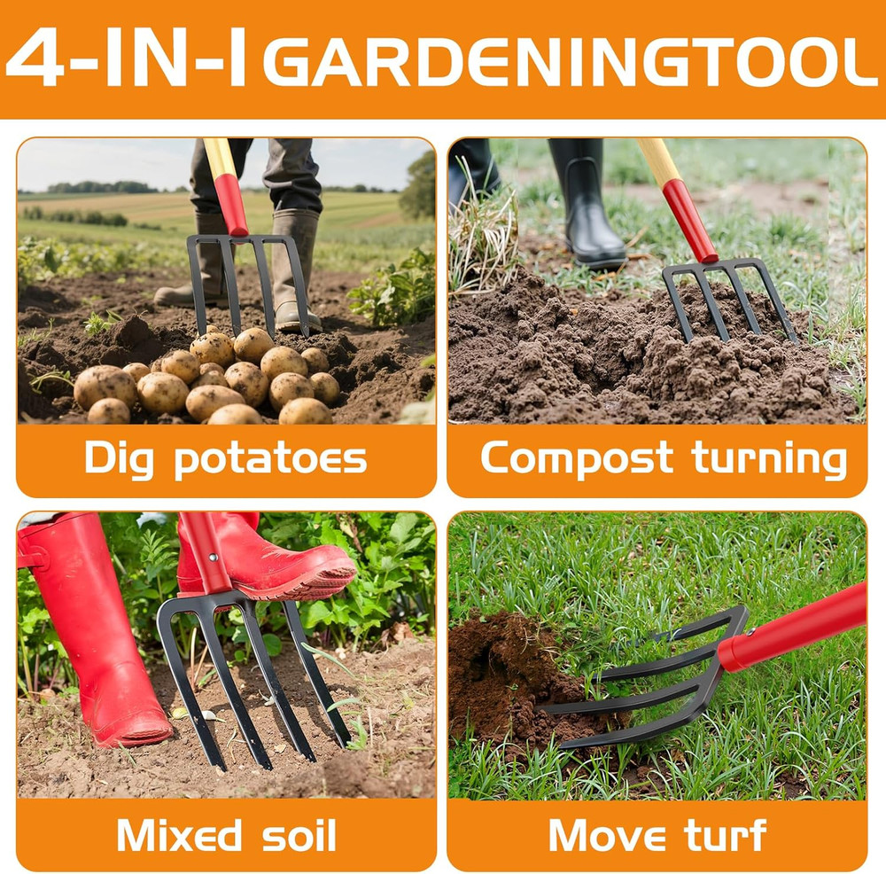 Garden Fork, 4-Tine Spading Fork, Compost Fork, Steel Digging Fork, 45Inch, Stee