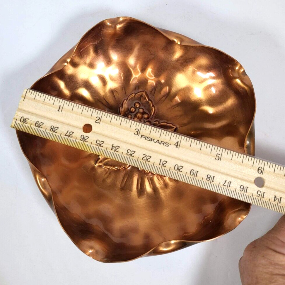 Solid Copper Dish Vintage Grape Design Candy Dish Made in USA Signed