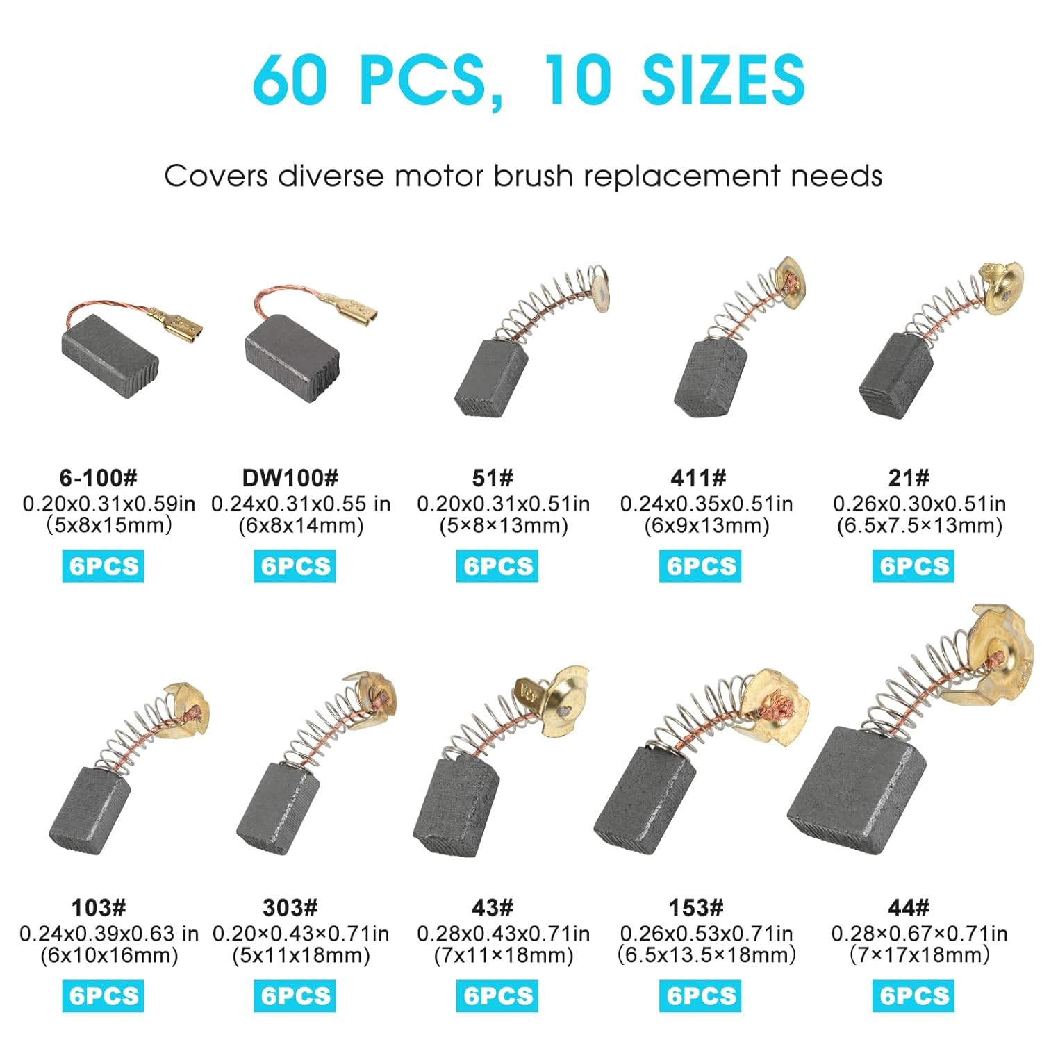 60 Pcs Electric Motor Carbon Brushes Set 10 Assorted Sizes Graphite & Copper Re