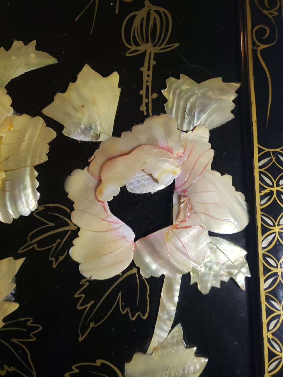 Vintage MCM 4-Panel Mother of Pearl/Black Lacquer Asian Art Wall Panels 36"x12"