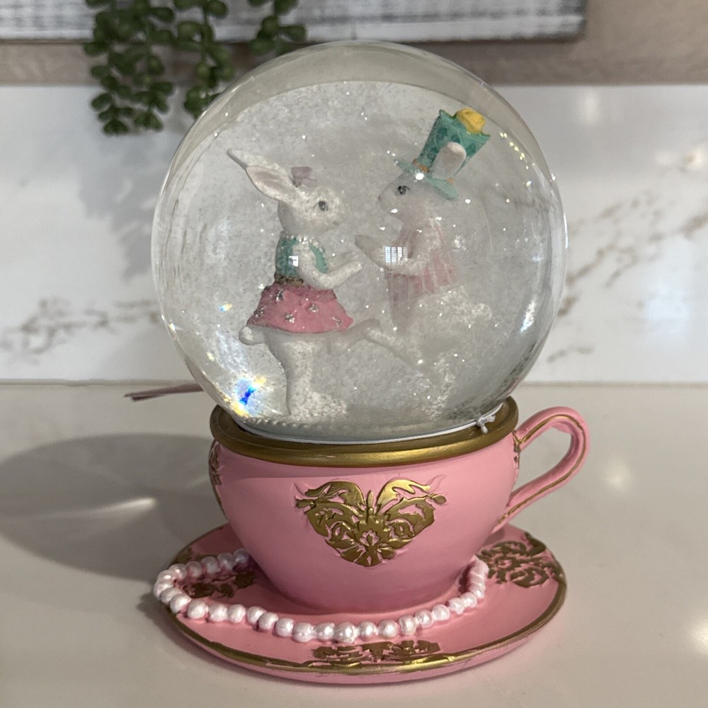 Pink Tea Cup & Saucer Easter Rabbit Snow Globe