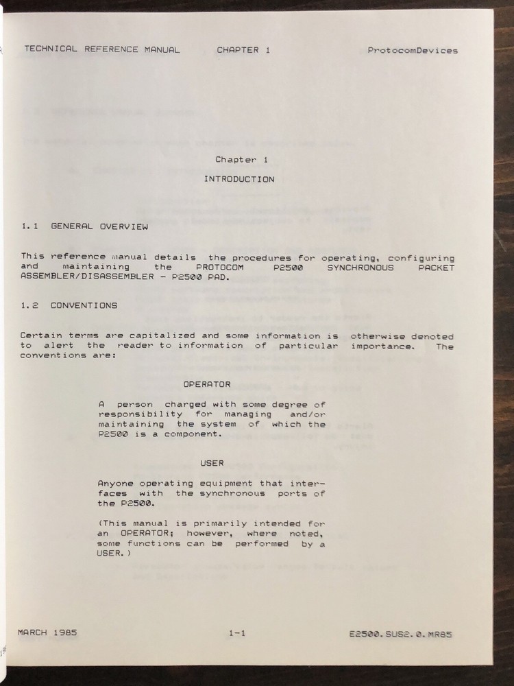 Protocom Devices P2500 Sperry Uniscope X.25 PAD Reference Manual (1985)