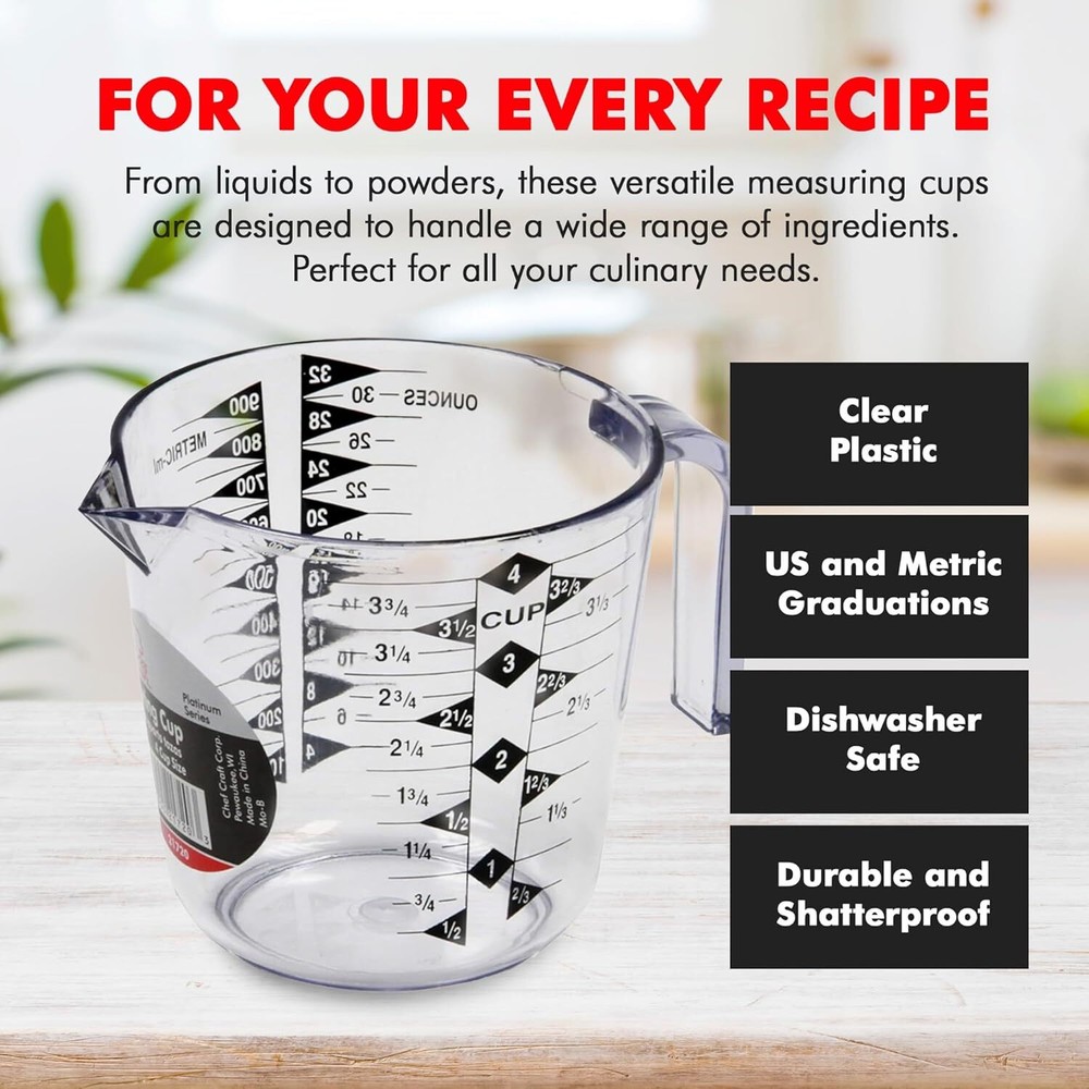 4 Cup Measuring Cup Clear Plastic Easy Read Durable Kitchen Use