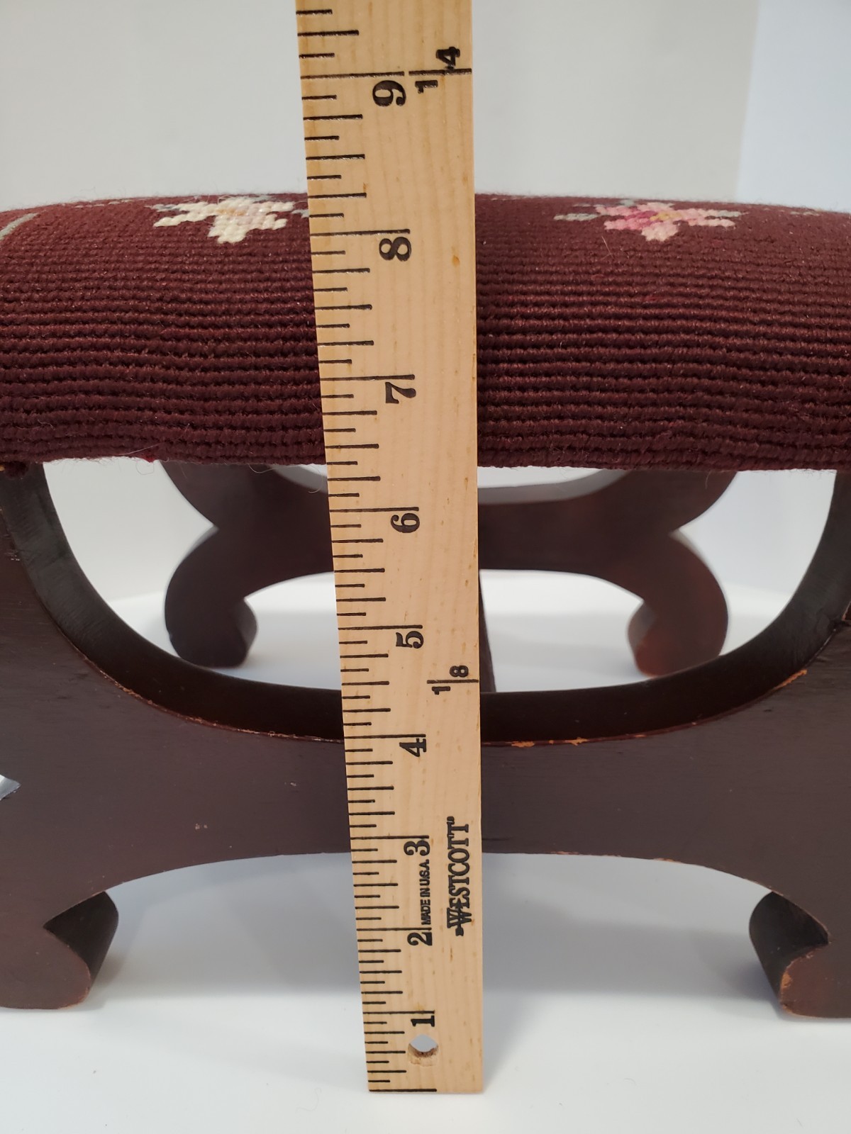 Vintage Needlepoint Foot Stool Ottoman Floral Burgundy Mahogany base