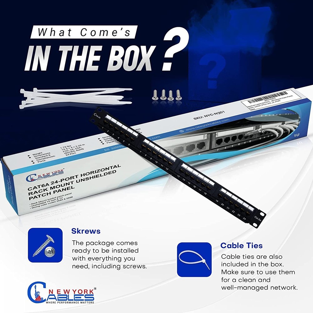 24 Port Patch Panel Ethernet RJ45 UTP Cat6A Network Lan Horizontal Rack Mount