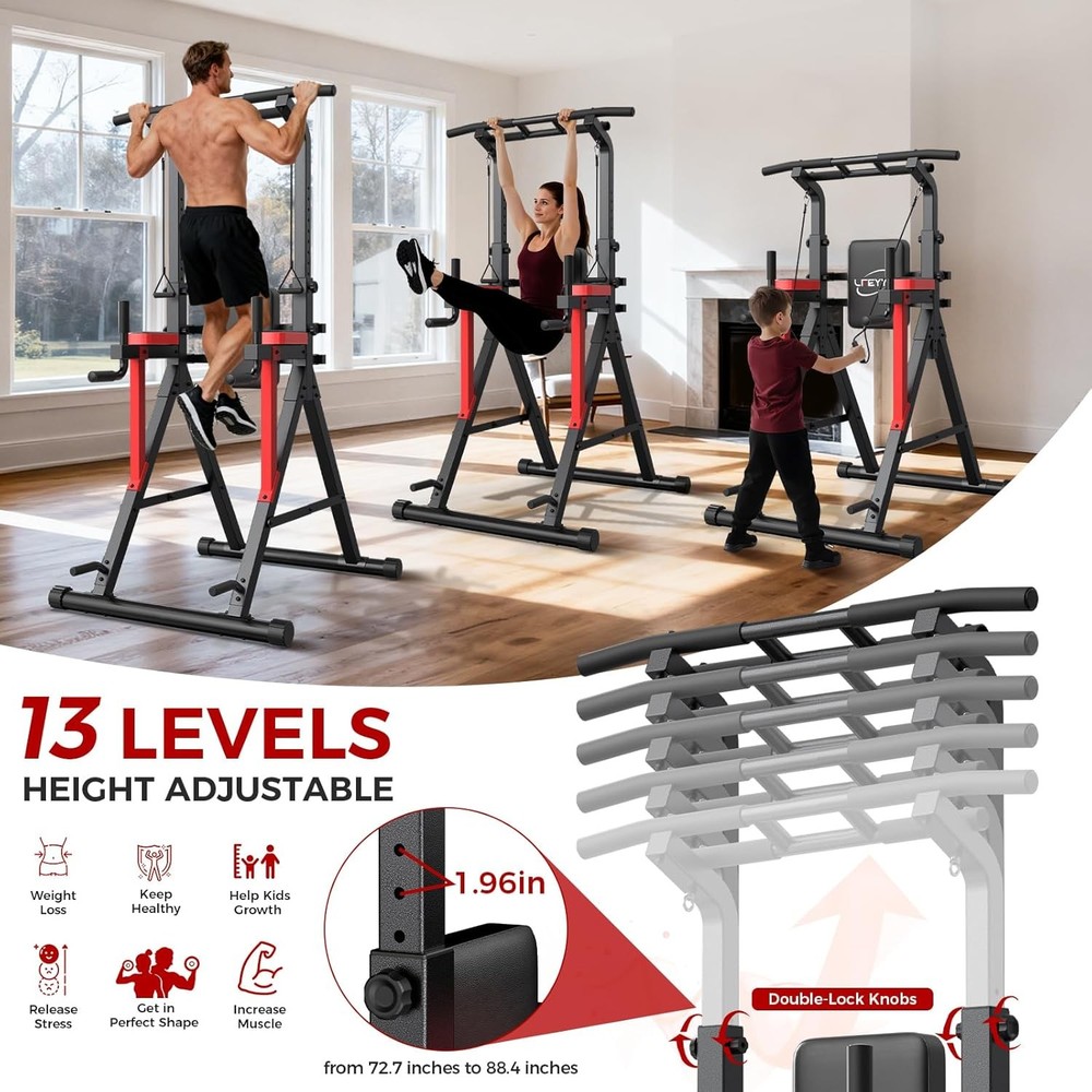 Power Tower Pull Up Bar Free Standing - 13-Level Adjustable Height Dip Station