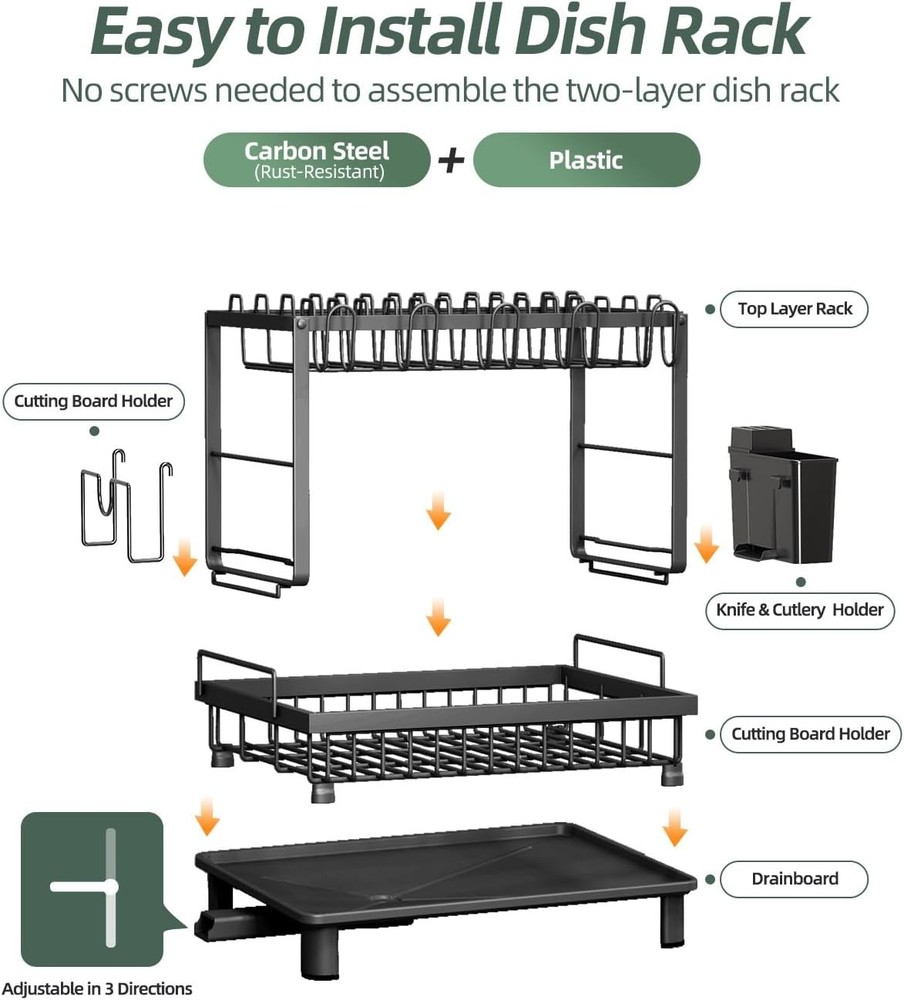 Dish Drying Rack 2 Tier Space-Saving Dish Rack Multifunctional Dish Drainer