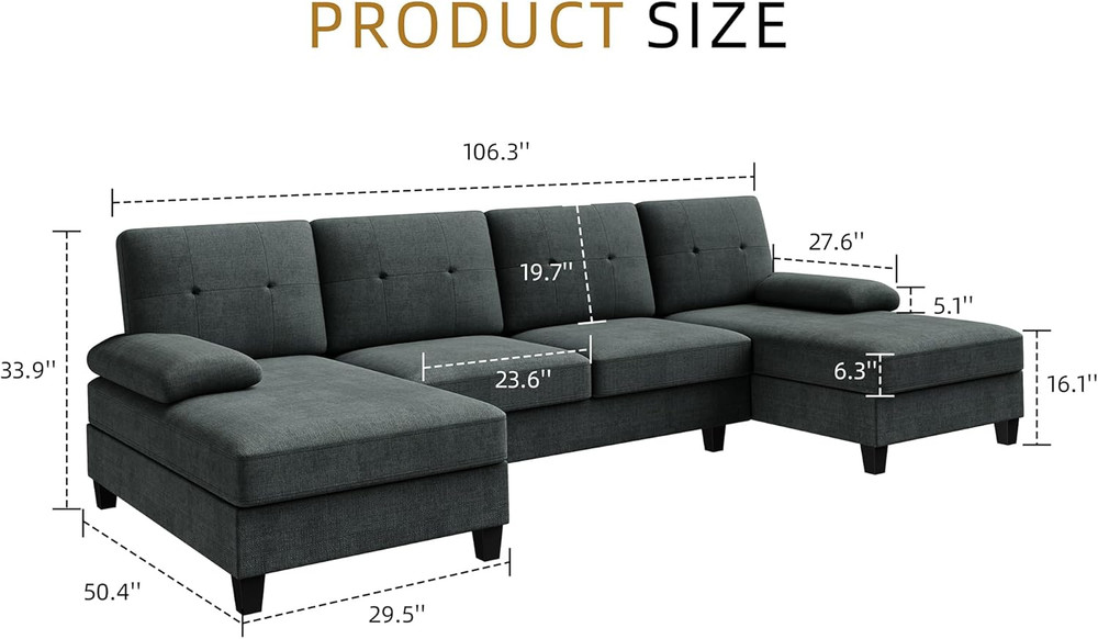 106" U-Shaped Modern Sofa Modular Sectional Cloud Couch with Chaise, Dark Grey