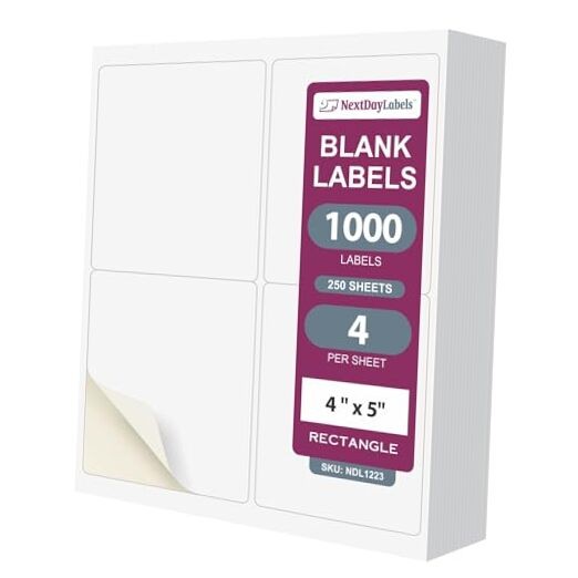 – 4” x 5” Rectangular Sticker Labels for 4 x 5" - 4 Per Page 250 Sheets