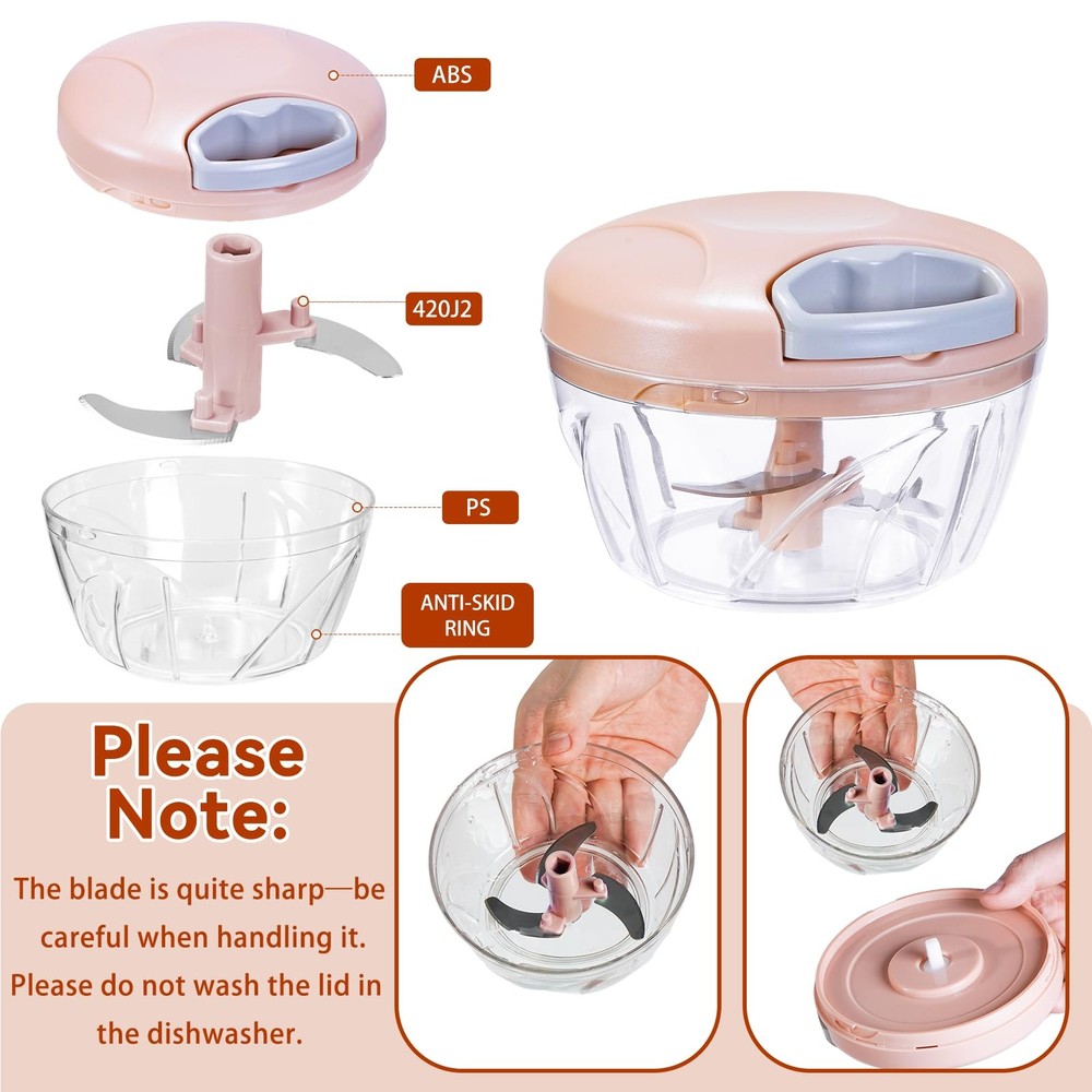 ‌Manual Food Processor Vegetable Chopper, Portable Hand Pull 500ml, Pink