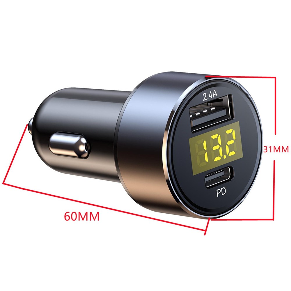 12/24V LED Digital Display USB Type-C PD Car Charger 18W 2.4A Cigarette Lighter