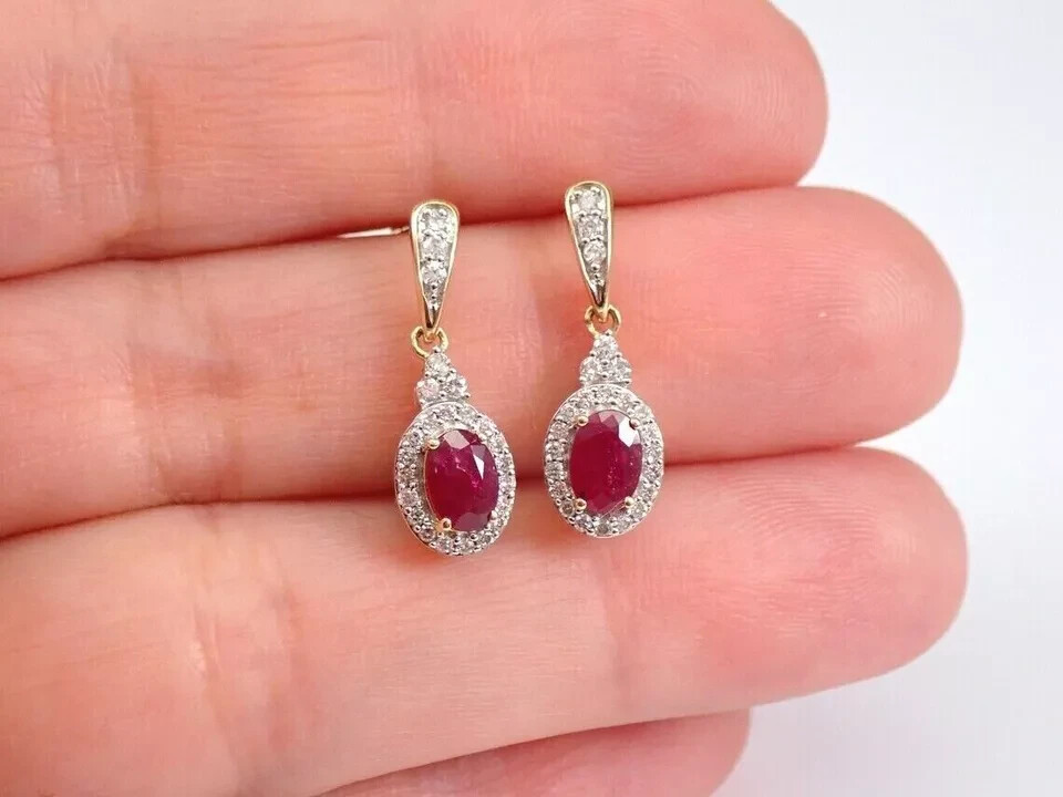 2Ct Lab Created Diamond Ruby Halo Drop/Dangle Earrings 14k Yellow Gold Plated