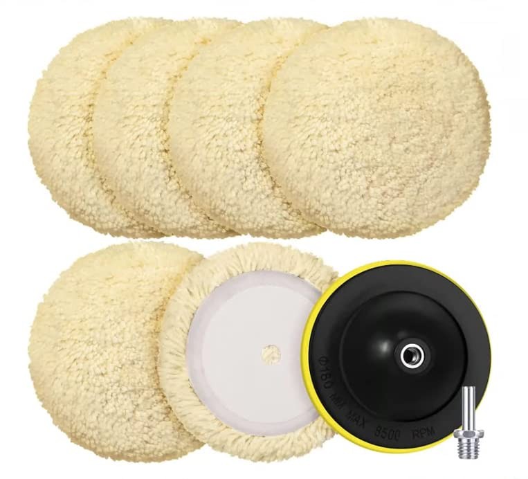 6 Pcs 8 Inch Wool Buffing Polishing Pads Hook Loop Cutting Pads with Backing ...