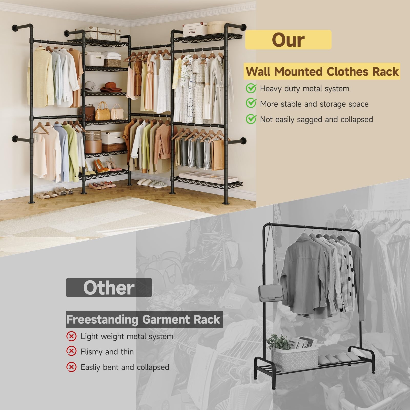 L4 Wall Mounted Industrial Pipe Clothing Rack, Closet Organizer System