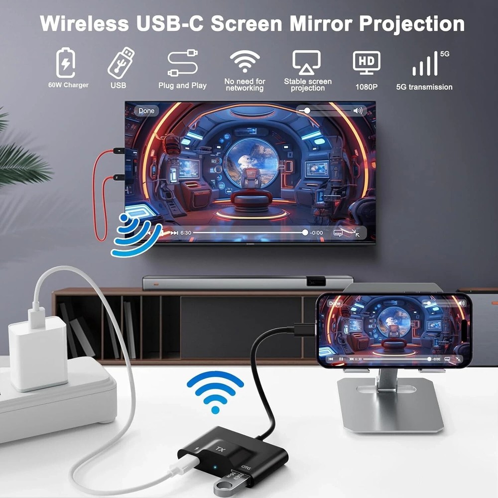 NIB Wireless HDMI Transmitter & Receiver USB-C Wireless HDMI Extender Plug&Play