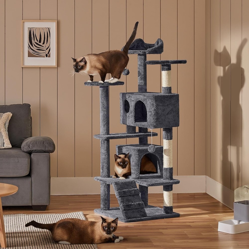 54in Cat Tree, Multi-Level Cat Tower with Spacious Kitten-ear Perch, 2 Cozy C...