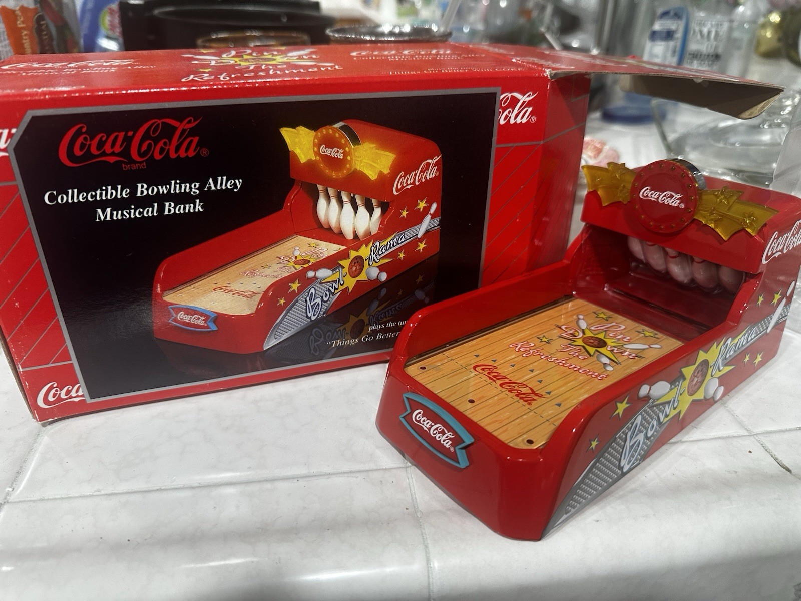 1999 Coca Cola Bowl-O-Rama Bowling alley Money Bank Diecast in box Musical