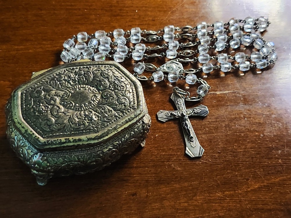 Vintage MCM Sterling Silver Hallmarked Clear Glass Rosary & Vtg Silver Plate Box