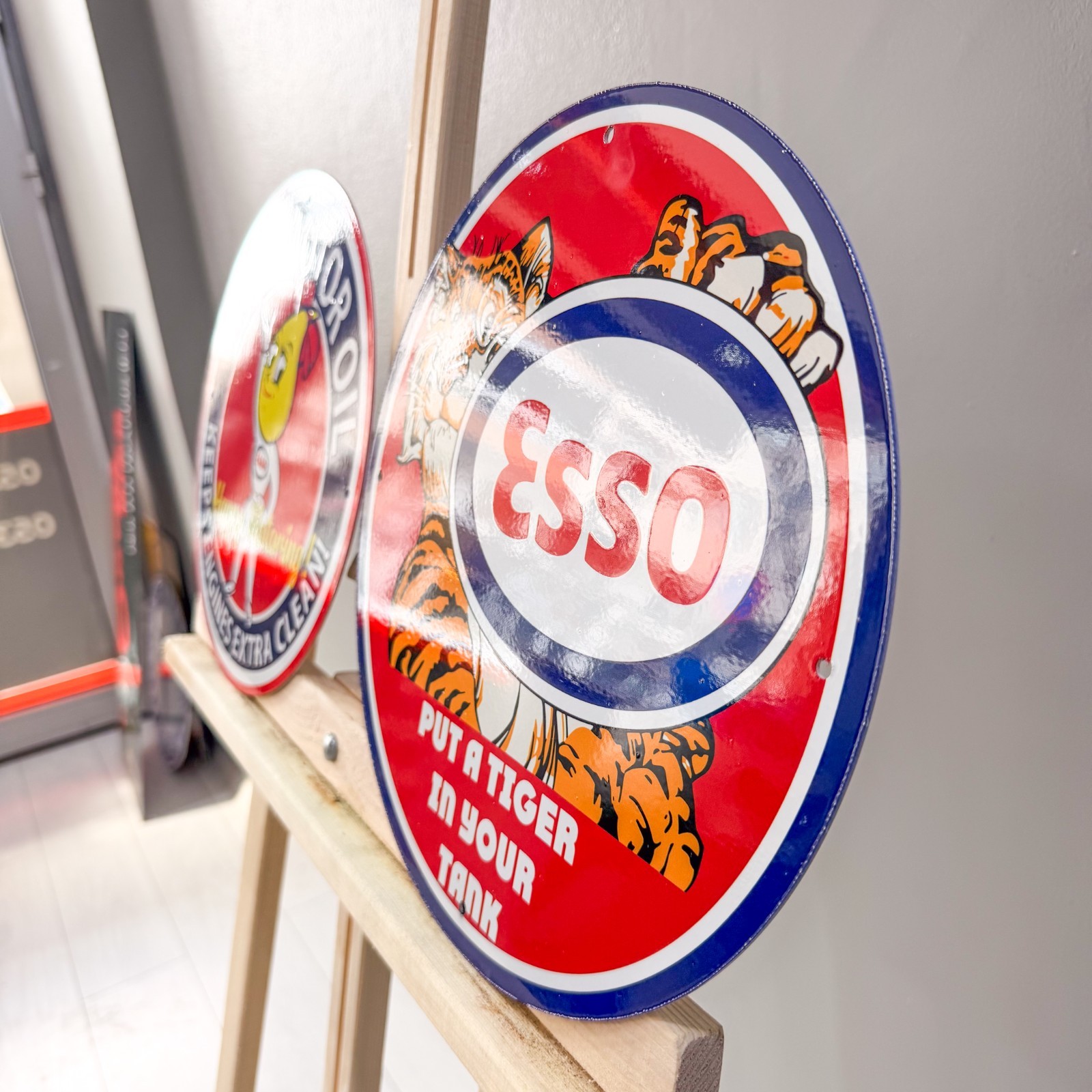 Esso Vintage Metal Sign Set of 2 Happy Motoring Female & Tiger – 30 cm / 11.8”