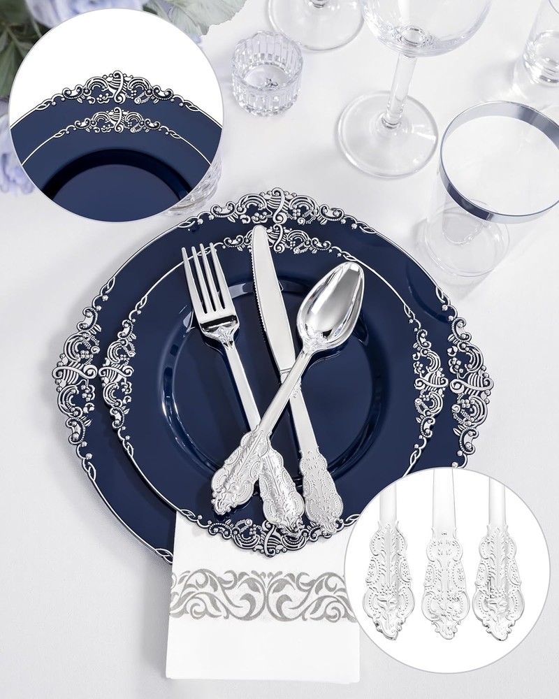 175pcs Blue & Silver Plastic Plates Elegant Disposable Dinnerware Set Suitable