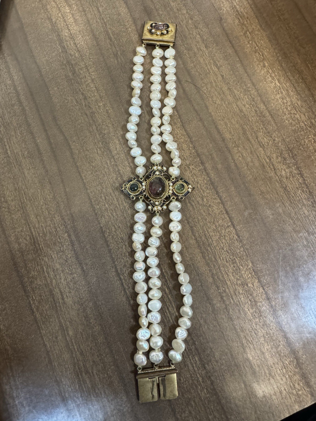 Percossi Papi Marked Jaded Jewel And Enamel Pearl Moonstone Bracelet 7 Inch