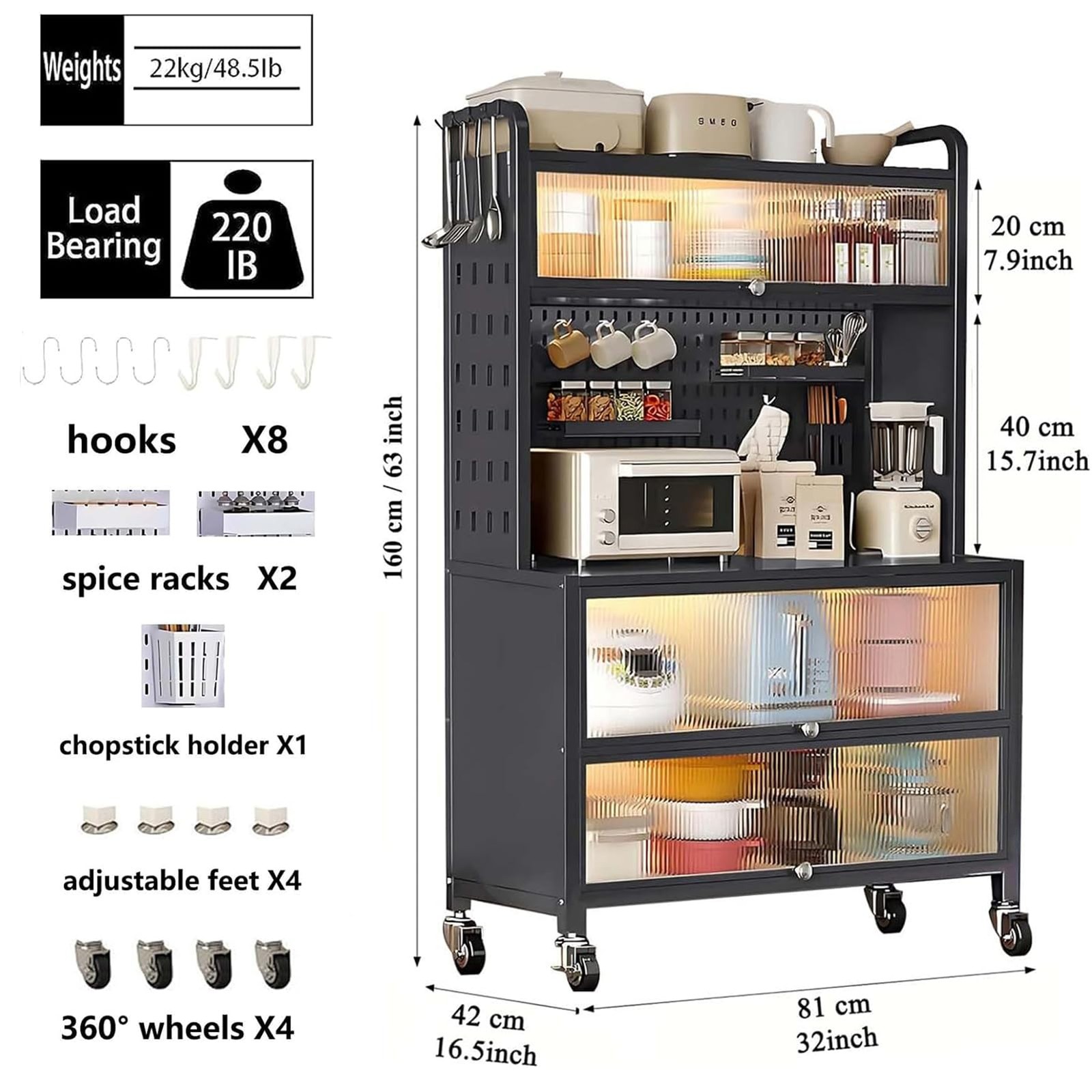 63" 5 Tier Bakers Rack Kitchen Cabinet with Clear Doors Adjustable Shelves
